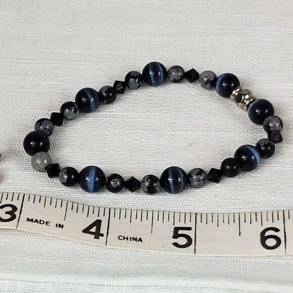 Black Cats Eye Beading Granite Beading Stretch Bracelet & Post Earrings To Match - Picture 9 of 9